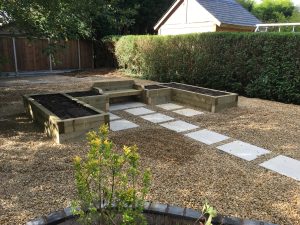 Raised Bed Seating With Paving And Gravel Borders